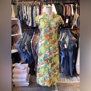 Vintage 1960’s DYNASTY Cotton Quilted Art floral Print Maxi dress